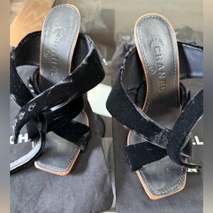 CHANEL Black Velvet Heeled Sandals